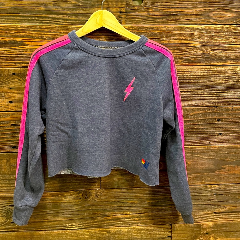 XS Aviator Nation navy blue with neon stripes crop sweatshirt.